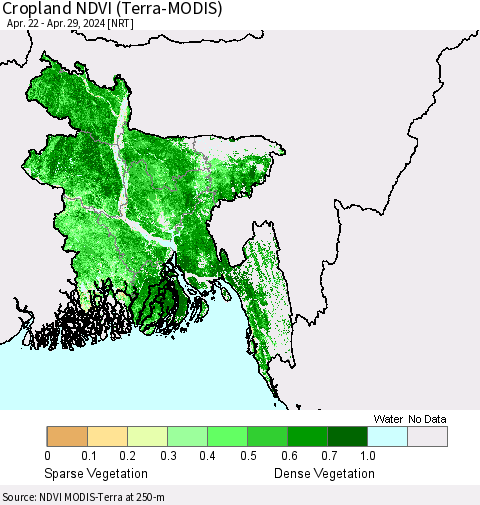 Bangladesh Cropland NDVI (Terra-MODIS) Thematic Map For 4/22/2024 - 4/29/2024