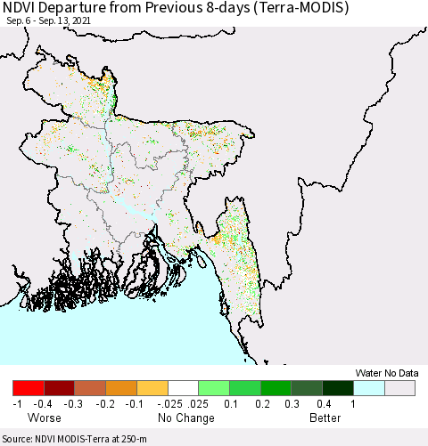 Bangladesh NDVI Departure from Previous 8-days (Terra-MODIS) Thematic Map For 9/6/2021 - 9/13/2021