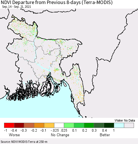Bangladesh NDVI Departure from Previous 8-days (Terra-MODIS) Thematic Map For 9/14/2021 - 9/21/2021