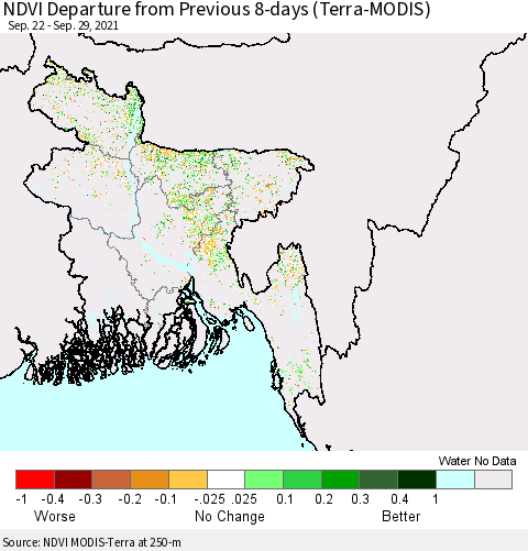 Bangladesh NDVI Departure from Previous 8-days (Terra-MODIS) Thematic Map For 9/22/2021 - 9/29/2021