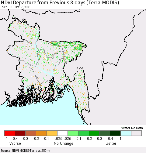 Bangladesh NDVI Departure from Previous 8-days (Terra-MODIS) Thematic Map For 9/30/2021 - 10/7/2021