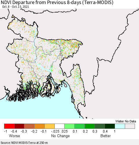 Bangladesh NDVI Departure from Previous 8-days (Terra-MODIS) Thematic Map For 10/8/2021 - 10/15/2021