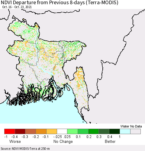 Bangladesh NDVI Departure from Previous 8-days (Terra-MODIS) Thematic Map For 10/16/2021 - 10/23/2021