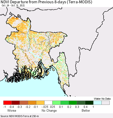 Bangladesh NDVI Departure from Previous 8-days (Terra-MODIS) Thematic Map For 10/24/2021 - 10/31/2021