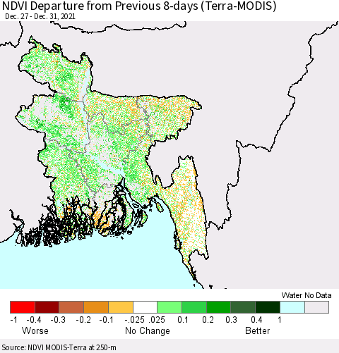 Bangladesh NDVI Departure from Previous 8-days (Terra-MODIS) Thematic Map For 12/26/2021 - 1/2/2022