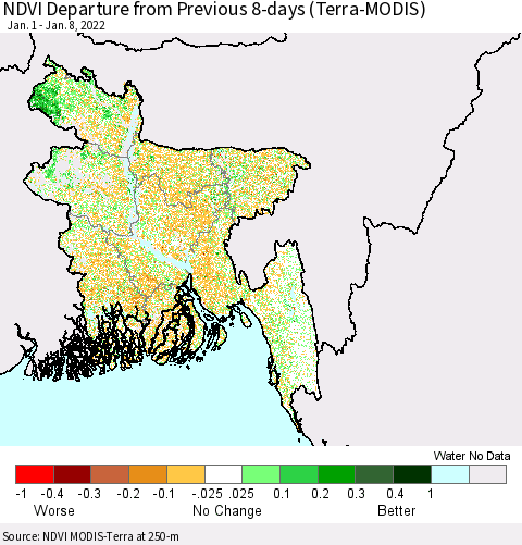 Bangladesh NDVI Departure from Previous 8-days (Terra-MODIS) Thematic Map For 1/1/2022 - 1/8/2022