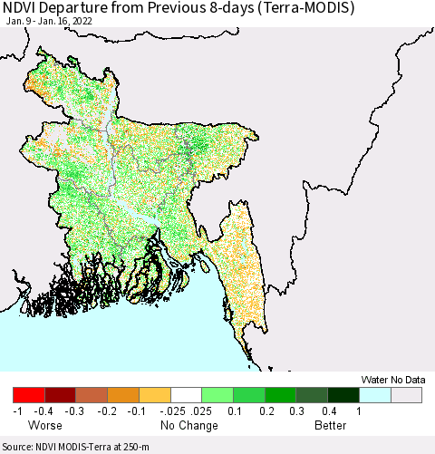 Bangladesh NDVI Departure from Previous 8-days (Terra-MODIS) Thematic Map For 1/9/2022 - 1/16/2022
