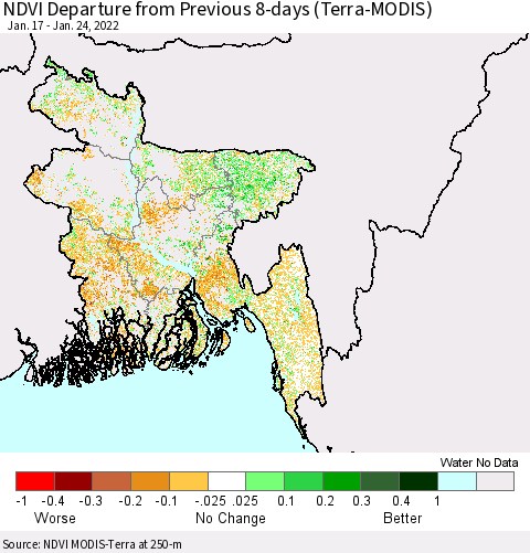 Bangladesh NDVI Departure from Previous 8-days (Terra-MODIS) Thematic Map For 1/17/2022 - 1/24/2022