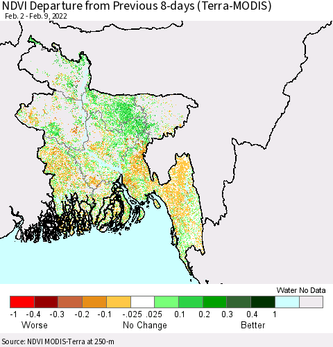 Bangladesh NDVI Departure from Previous 8-days (Terra-MODIS) Thematic Map For 2/2/2022 - 2/9/2022
