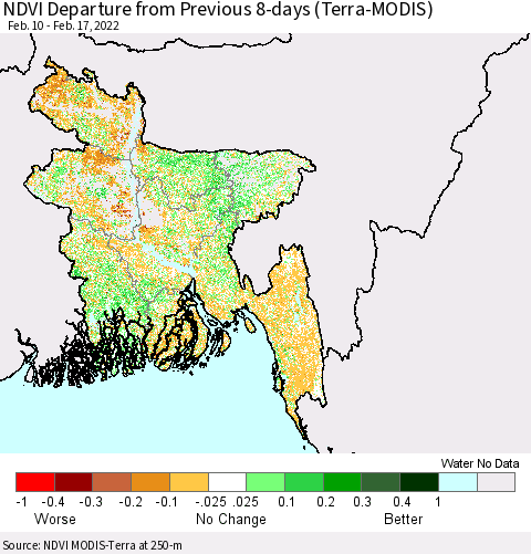 Bangladesh NDVI Departure from Previous 8-days (Terra-MODIS) Thematic Map For 2/10/2022 - 2/17/2022