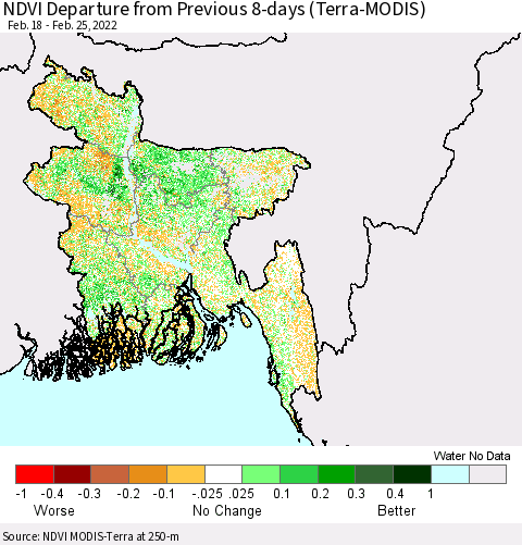 Bangladesh NDVI Departure from Previous 8-days (Terra-MODIS) Thematic Map For 2/18/2022 - 2/25/2022