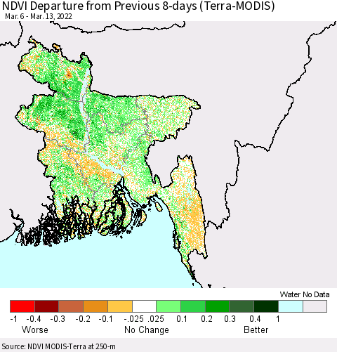 Bangladesh NDVI Departure from Previous 8-days (Terra-MODIS) Thematic Map For 3/6/2022 - 3/13/2022
