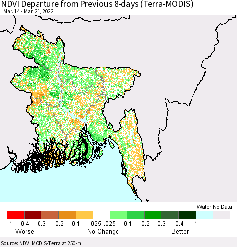 Bangladesh NDVI Departure from Previous 8-days (Terra-MODIS) Thematic Map For 3/14/2022 - 3/21/2022