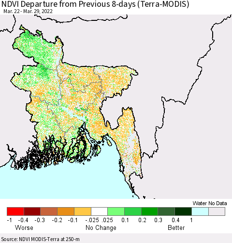 Bangladesh NDVI Departure from Previous 8-days (Terra-MODIS) Thematic Map For 3/22/2022 - 3/29/2022