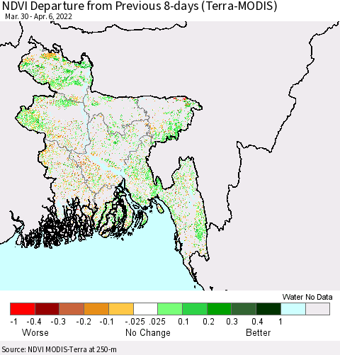 Bangladesh NDVI Departure from Previous 8-days (Terra-MODIS) Thematic Map For 3/30/2022 - 4/6/2022
