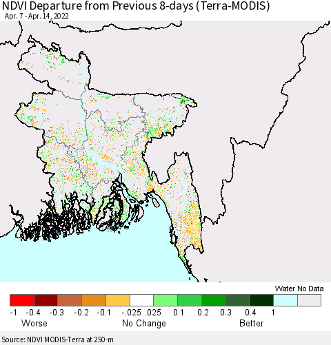 Bangladesh NDVI Departure from Previous 8-days (Terra-MODIS) Thematic Map For 4/7/2022 - 4/14/2022