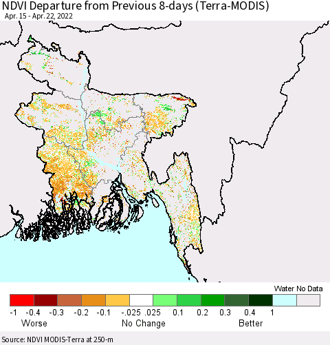 Bangladesh NDVI Departure from Previous 8-days (Terra-MODIS) Thematic Map For 4/15/2022 - 4/22/2022