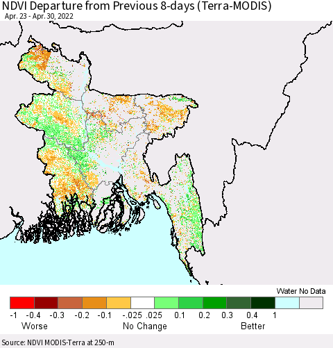 Bangladesh NDVI Departure from Previous 8-days (Terra-MODIS) Thematic Map For 4/23/2022 - 4/30/2022