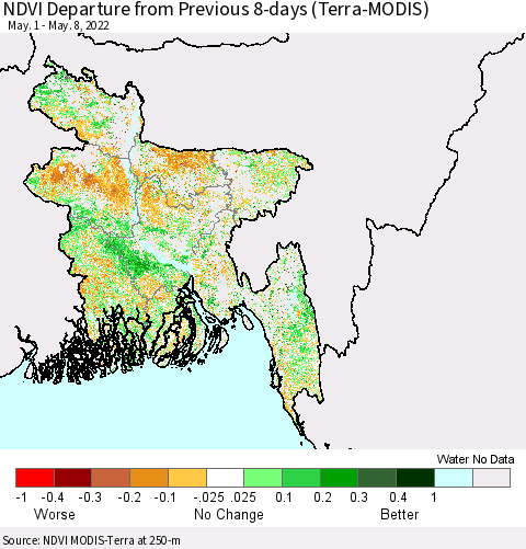 Bangladesh NDVI Departure from Previous 8-days (Terra-MODIS) Thematic Map For 5/1/2022 - 5/8/2022