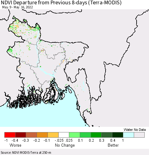 Bangladesh NDVI Departure from Previous 8-days (Terra-MODIS) Thematic Map For 5/9/2022 - 5/16/2022