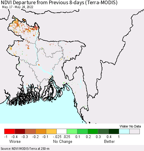 Bangladesh NDVI Departure from Previous 8-days (Terra-MODIS) Thematic Map For 5/17/2022 - 5/24/2022