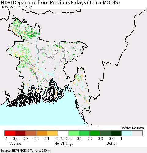 Bangladesh NDVI Departure from Previous 8-days (Terra-MODIS) Thematic Map For 5/25/2022 - 6/1/2022