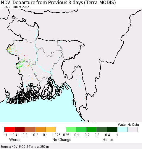 Bangladesh NDVI Departure from Previous 8-days (Terra-MODIS) Thematic Map For 6/2/2022 - 6/9/2022