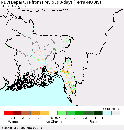 Bangladesh NDVI Departure from Previous 8-days (Terra-MODIS) Thematic Map For 7/20/2022 - 7/27/2022