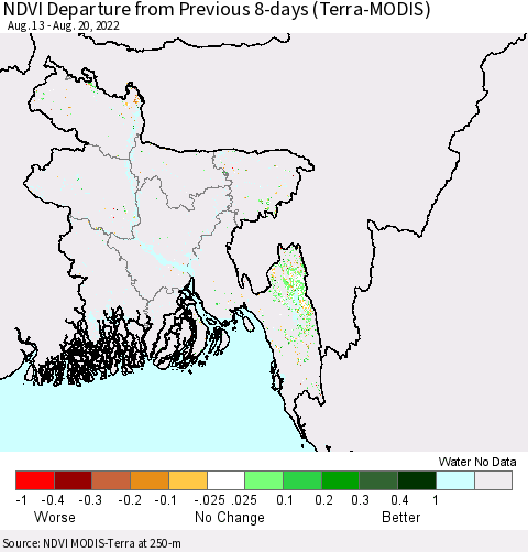 Bangladesh NDVI Departure from Previous 8-days (Terra-MODIS) Thematic Map For 8/13/2022 - 8/20/2022