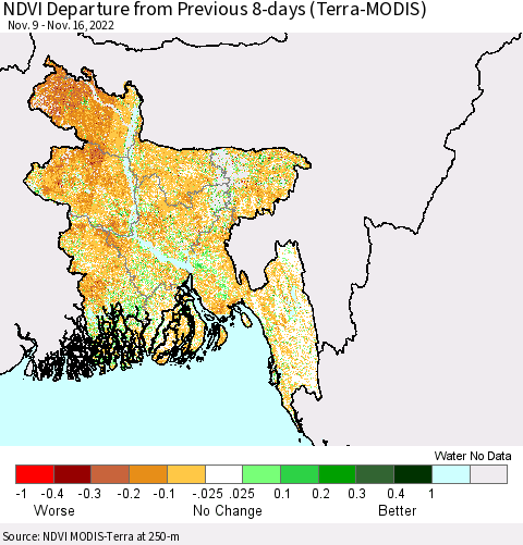 Bangladesh NDVI Departure from Previous 8-days (Terra-MODIS) Thematic Map For 11/9/2022 - 11/16/2022