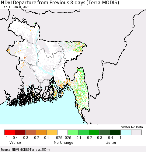 Bangladesh NDVI Departure from Previous 8-days (Terra-MODIS) Thematic Map For 1/1/2023 - 1/8/2023