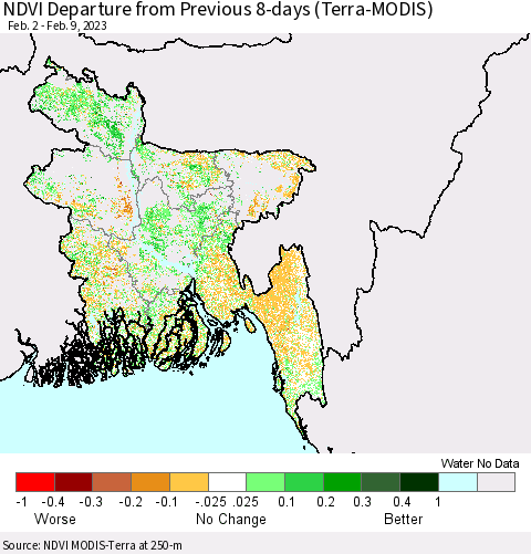Bangladesh NDVI Departure from Previous 8-days (Terra-MODIS) Thematic Map For 2/2/2023 - 2/9/2023