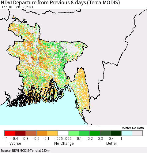 Bangladesh NDVI Departure from Previous 8-days (Terra-MODIS) Thematic Map For 2/10/2023 - 2/17/2023