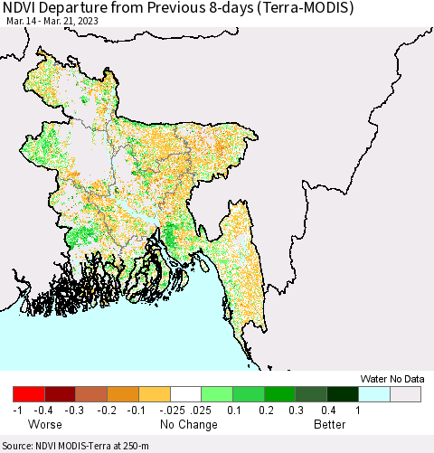 Bangladesh NDVI Departure from Previous 8-days (Terra-MODIS) Thematic Map For 3/14/2023 - 3/21/2023
