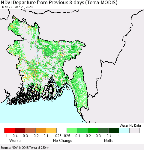 Bangladesh NDVI Departure from Previous 8-days (Terra-MODIS) Thematic Map For 3/22/2023 - 3/29/2023