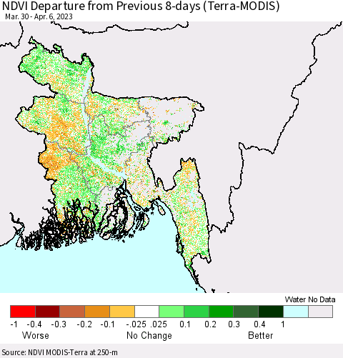 Bangladesh NDVI Departure from Previous 8-days (Terra-MODIS) Thematic Map For 3/30/2023 - 4/6/2023