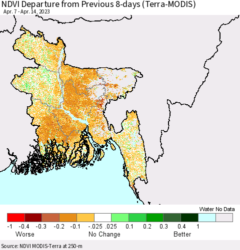 Bangladesh NDVI Departure from Previous 8-days (Terra-MODIS) Thematic Map For 4/7/2023 - 4/14/2023