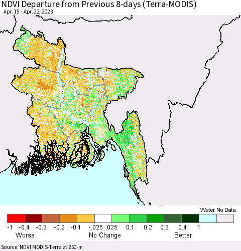 Bangladesh NDVI Departure from Previous 8-days (Terra-MODIS) Thematic Map For 4/15/2023 - 4/22/2023