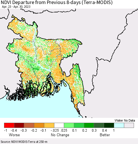 Bangladesh NDVI Departure from Previous 8-days (Terra-MODIS) Thematic Map For 4/23/2023 - 4/30/2023