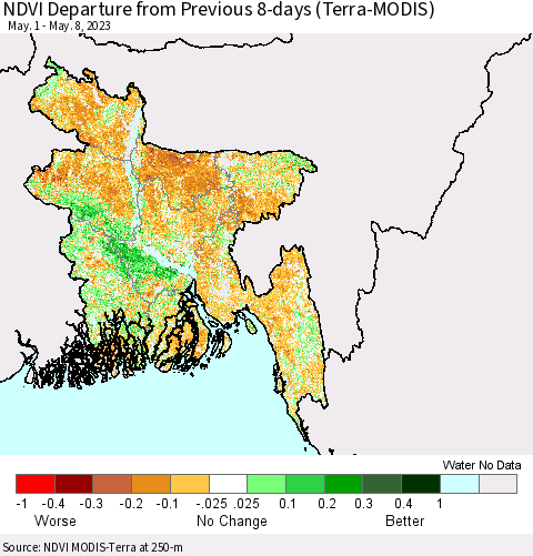 Bangladesh NDVI Departure from Previous 8-days (Terra-MODIS) Thematic Map For 5/1/2023 - 5/8/2023