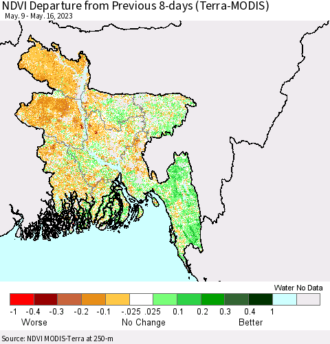 Bangladesh NDVI Departure from Previous 8-days (Terra-MODIS) Thematic Map For 5/9/2023 - 5/16/2023