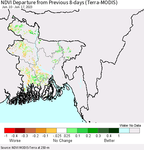 Bangladesh NDVI Departure from Previous 8-days (Terra-MODIS) Thematic Map For 6/10/2023 - 6/17/2023