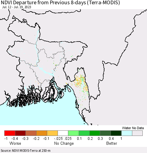 Bangladesh NDVI Departure from Previous 8-days (Terra-MODIS) Thematic Map For 7/12/2023 - 7/19/2023