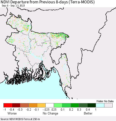 Bangladesh NDVI Departure from Previous 8-days (Terra-MODIS) Thematic Map For 9/6/2023 - 9/13/2023