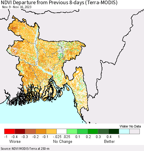 Bangladesh NDVI Departure from Previous 8-days (Terra-MODIS) Thematic Map For 11/9/2023 - 11/16/2023