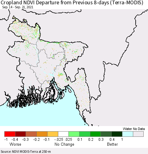 Bangladesh Cropland NDVI Departure from Previous 8-days (Terra-MODIS) Thematic Map For 9/14/2021 - 9/21/2021