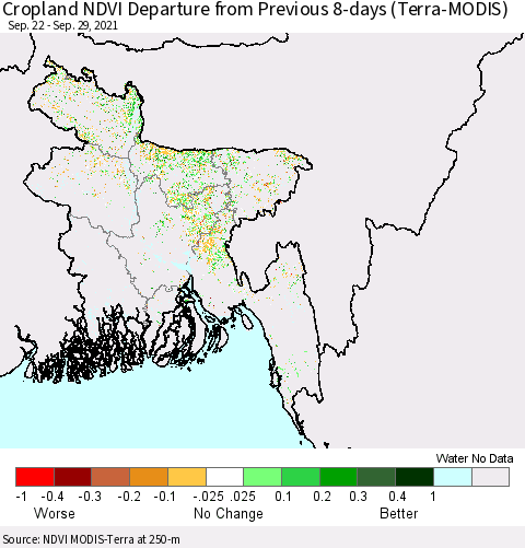 Bangladesh Cropland NDVI Departure from Previous 8-days (Terra-MODIS) Thematic Map For 9/22/2021 - 9/29/2021