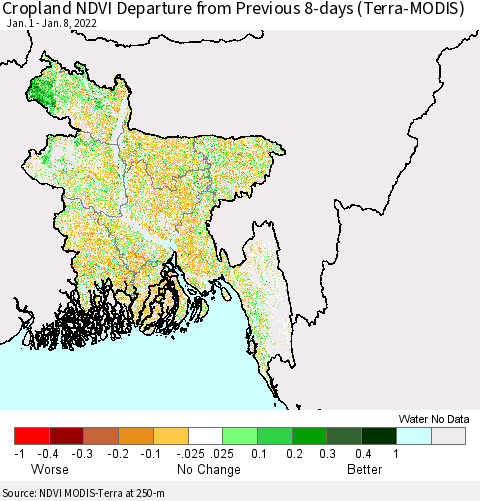 Bangladesh Cropland NDVI Departure from Previous 8-days (Terra-MODIS) Thematic Map For 1/1/2022 - 1/8/2022