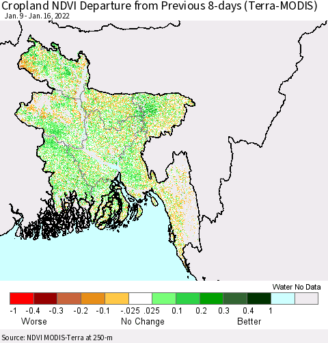 Bangladesh Cropland NDVI Departure from Previous 8-days (Terra-MODIS) Thematic Map For 1/9/2022 - 1/16/2022