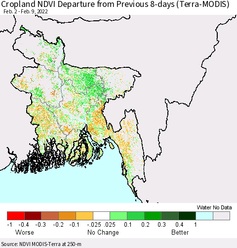 Bangladesh Cropland NDVI Departure from Previous 8-days (Terra-MODIS) Thematic Map For 2/2/2022 - 2/9/2022